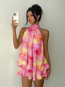Aloruh Women's Elegant Pink Tie Dye Floral Print Backless Tie Strap Mini Dress,Boho Summer Holiday Vacation Holiday Pink Floral Beach Sundress - Pink - View 9