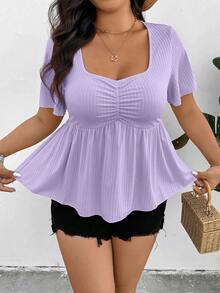 SHEIN Frenchy Plus Size Women Solid Color Ruched Short Sleeve Ruffle Hem Boho/Bohemian Short Sleeve Top T-Shirt - Purple - View 6