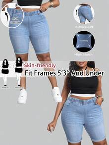 SHEIN PETITE CURVE سروال قصير جينز أزرق مرن مقاس كبير للسيدات - أزرق فاتح - مشاهدة 7