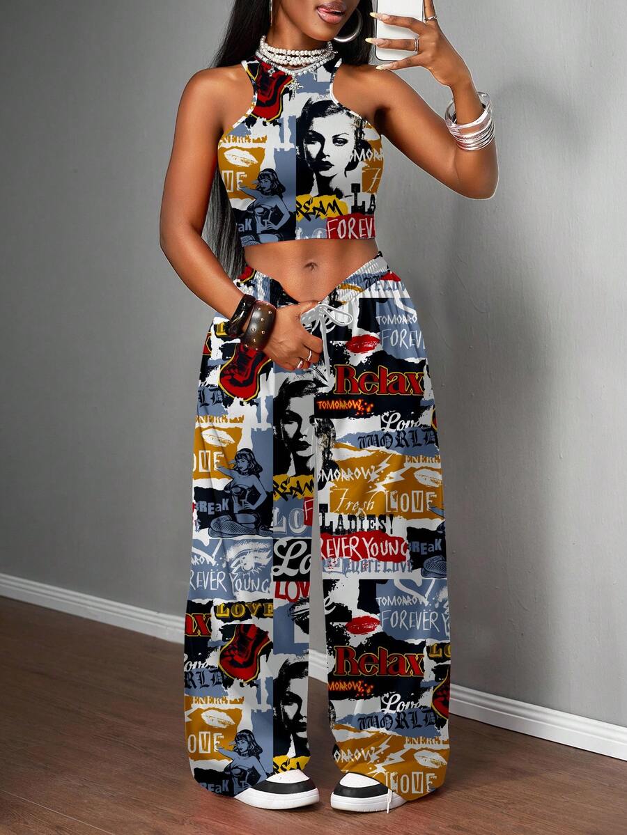 Slaydiva Bộ đồ nữ 2 món phong cách đường phố thường ngày: áo hai dây ôm sát và quần ống rộng, thích hợp cho mặc dạo phố. - Nhiều màu - Xem 1