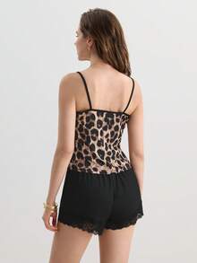 Hourtrue 豹纹撞色蕾丝睡衣套装/睡衣套装 - 彩色 - 查看 2