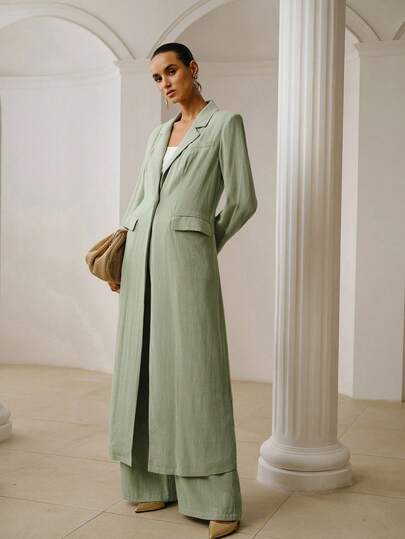 ZEYLAH Áo blazer dài dáng suông bằng vải lanh màu trơn dành cho nữ