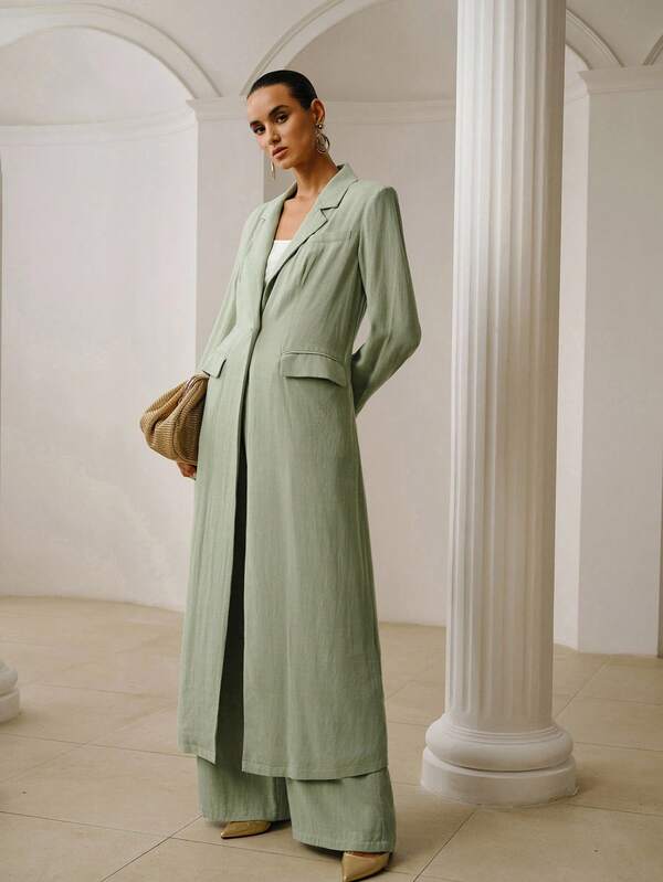 ZEYLAH Blazer feminino longo de linho reto em cor sólida