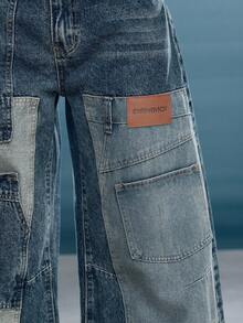 Jeans de pierna de barril con parches de bolsillo de mezclilla, jeans de declaración, jeans de barril, moda streetwear - Azul lavado medio - Ver 9