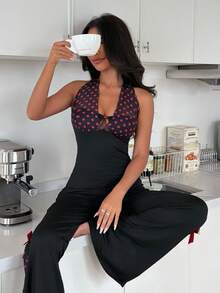 ZzzCrew Mesh Spaghetti Strap Tie Bow Polka Dot Camisole & Mesh Hem Sexy Women Pajama Set - Black - View 2
