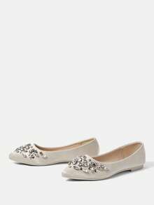 CUCCOO HITCHD Pointed Toe Non-Slip Soft Bottom Low Vamp Handmade Glass Beaded Versatile Commuting Elegant Fairy Style Flat Shoes, Beige - Beige - View 3