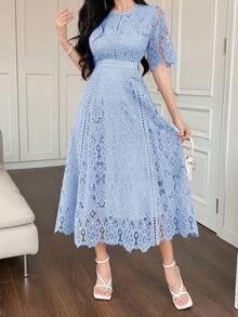 Dazy Tall Đầm dài thanh lịch bằng vải ren dành cho nữ cao, kiểu dáng thắt eo, thích hợp cho mùa hè. - Màu xanh lam - Xem 4