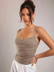 Silquee Women's Solid Color Pleated Casual Versatile Daily Wear Top - Khaki - View 3