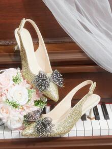CUCCOO HITCHD Hot Diamond Bow Thin Heel High Heel Romantic Elegant Gold Glitter PU Upper With Bow Women's High Heel Shoes Dress Shoes Bridal Shoes - Gold - View 1