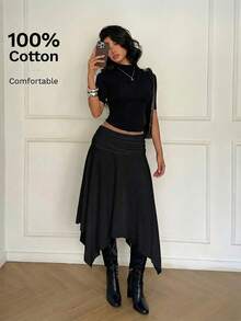 Aloruh Chân váy midi xếp ly vạt lệch mới, chất liệu 100% cotton, thích hợp cho mùa xuân/hè, mang phong cách retro Y2K. - màu đen - Xem 2