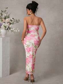 SHEIN Đầm bầu maxi in họa tiết có xẻ tà, thanh lịch - Hồng - Xem 5