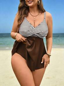 SHEIN Swim Lushore Plus Size Women 2pcs Set Striped Print Camisole & High Waist Triangle Bikini Swimsuit, Summer Beach Vacation - Coffee Brown - View 5