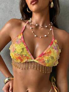 Aloruh 女士春夏新款花卉印花串珠刺绣面料奢华派对礼服，饰有串珠流苏，适合音乐节、海滩度假等场合。 - 黃色 - 查看 9