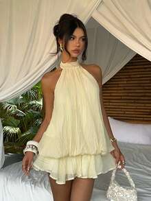 Aloruh Women's Cream Elegant Halter Neck Soft Crepe Tie Mini Dress,Summer Boho Beach Vacation Holiday Resort Wear,Backless Fitted Sundress,Cruise Outfit - Light Yellow - View 6