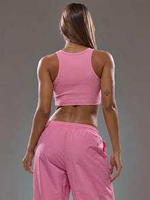 MUSERA Knot Front Round Neck Micro Crop Tank Top Fall Spring Summer Airport Casual Elegant - Pink - View 4