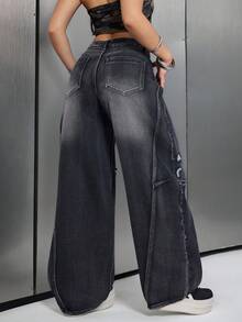 Jeanoix Jeans de pierna acampanada lavados de moda casual para mujer - Negro - Ver 2
