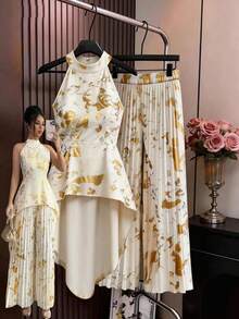 SHEIN Elenzya Spring And Summer New Style: A Non-Repeating, Irregular-Cut Off-Shoulder Top With A Beige Base And Gold Foil Embellishments, Paired With A High-Waisted Pleated Wide-Leg Pants. This Two-Piece Set Has An Extremely Strong Draping Effect. The Ink Wash Print And The Gold Foil Technique Give It A Glossy Finish And An Extremely High-End Look. The Pleated Pants Have A Crisp And Stylish Design, Are Not Prone To Wrinkling, And Have A Good Draping Effect. It Is Suitable For Formal Occasions Such As Dinners - Apricot - View 1