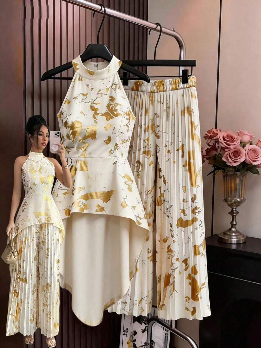 SHEIN Elenzya Spring And Summer New Style: A Non-Repeating, Irregular-Cut Off-Shoulder Top With A Beige Base And Gold Foil Embellishments, Paired With A High-Waisted Pleated Wide-Leg Pants. This Two-Piece Set Has An Extremely Strong Draping Effect. The Ink Wash Print And The Gold Foil Technique Give It A Glossy Finish And An Extremely High-End Look. The Pleated Pants Have A Crisp And Stylish Design, Are Not Prone To Wrinkling, And Have A Good Draping Effect. It Is Suitable For Formal Occasions Such As Dinners - Apricot - View 1