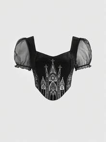 Spring/SummergraphicGothic Palace Square Neckline Black Velvet Top With Lace And Cross Embroidery - Black - View 5
