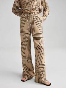 Ontre 女士条纹印花竖条纹长袖衬衫和直筒裤套装，优雅褶皱正式婚礼宾客装扮，简约浪漫法式奢华风，都市精致商务休闲办公装，低调奢华风格，高品质机场邮轮必备套装，四季皆宜的新娘派对系列女士套装 - 彩色 - 查看 5