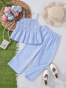 Emery Rose Kids Emery Rose Kids 女童条纹荷叶边吊带背心和阔腿裤休闲套装 - 彩色 - 查看 10