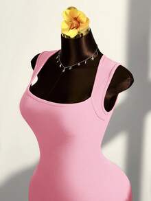 Vestido mini ajustado de cuello cuadrado con tirantes anchos - Rosa - Ver 4