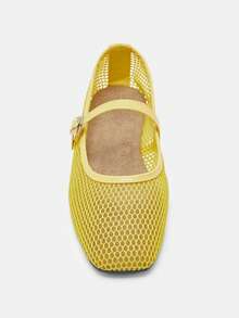 Bailarinas de malla para mujer, cómodas y transpirables con punta cuadrada, zapatos planos con suela suave y de moda - Amarillo - Ver 7