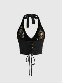 ROMWE Hippie Áo hai dây cổ yếm màu tối, áo croptop hở lưng thêu hình trái tim và mặt trời kiểu retro. - màu đen - Xem 2