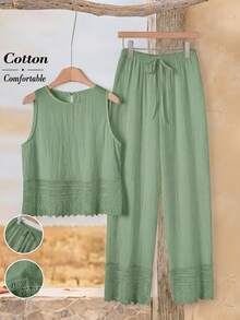 Rusticease Plus Size Women's Sage Green Summer Boho Vacation Holiday Lace Patchwork Sleeveless Top And Wide Leg Pants 2-Piece Set, Comfort Outfits - Green - View 7