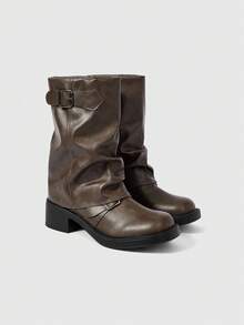 ROMWE Fairycore Botas de Salto Alto para Mulheres, Nova Cor Caramelo com Fivela, Salto Grosso e Plataforma Retrô, Bainha Dobrada Estilo Ocidental, Botas de Motoqueiro Vintage em Marrom, Ajuste Slim para Outono/Inverno - Caqui - Visão 3