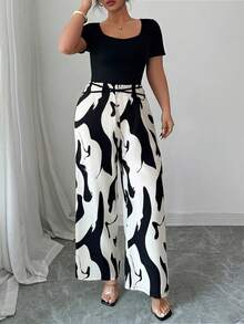SHEIN Clasi Combinaison courte à manches courtes noire et beige pour femmes grandes tailles, convient pour les vacances de printemps/été - Multicolore - Voir 5