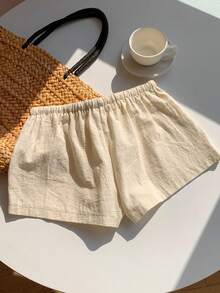 Comfortcana 女士夏季休闲棉麻亮片装饰短裤 - 杏色 - 查看 2
