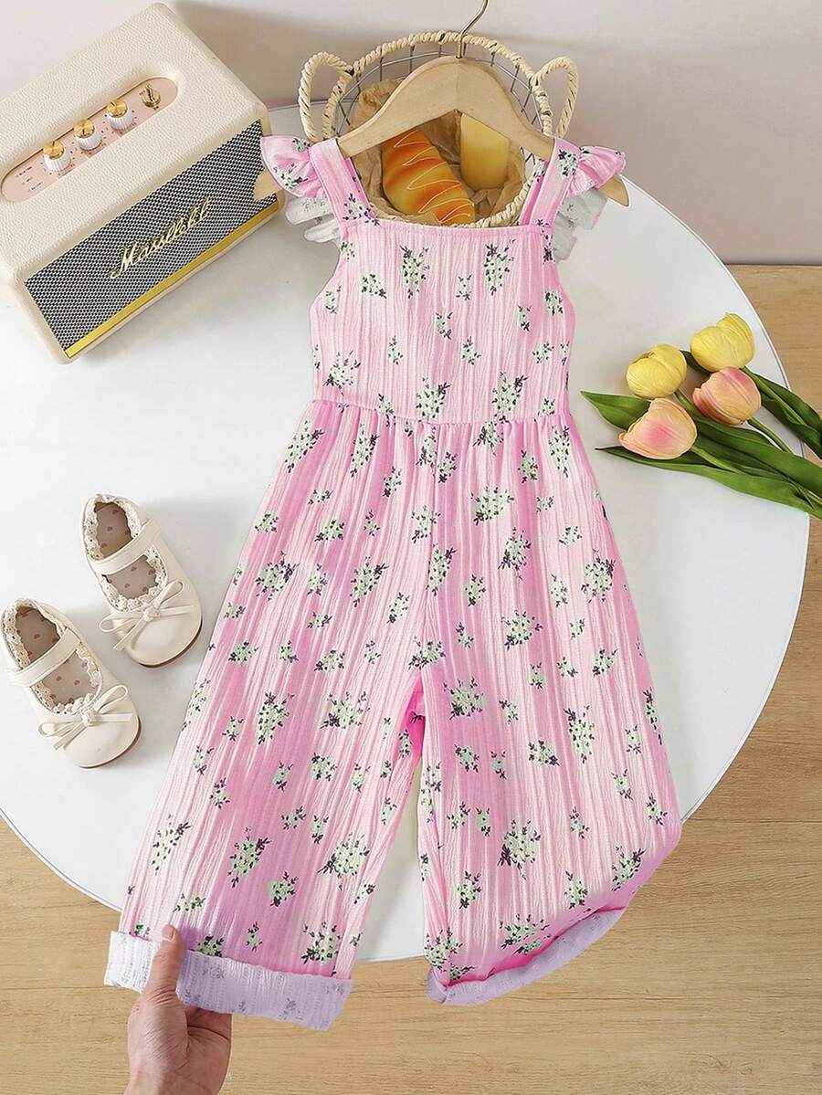 SHEIN Playful Pals 少女复古休闲修身独特碎花连体裤 - 适合夏季户外活动和上学穿着 - 粉色 - 查看 1