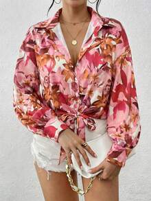 EMERY ROSE Plus Size Women Loose Tie-Front Floral Casual Shirt - Multicolor - View 4