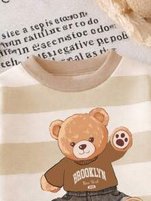 SHEIN Playful Pals 2pcs/Set Baby Boy Casual Fashionable Outfit, Includes Striped Bear Graphic Sweatshirt And Matching Sweatpants, Comfortable And Versatile For Autumn/Spring - Multicolor - View 6