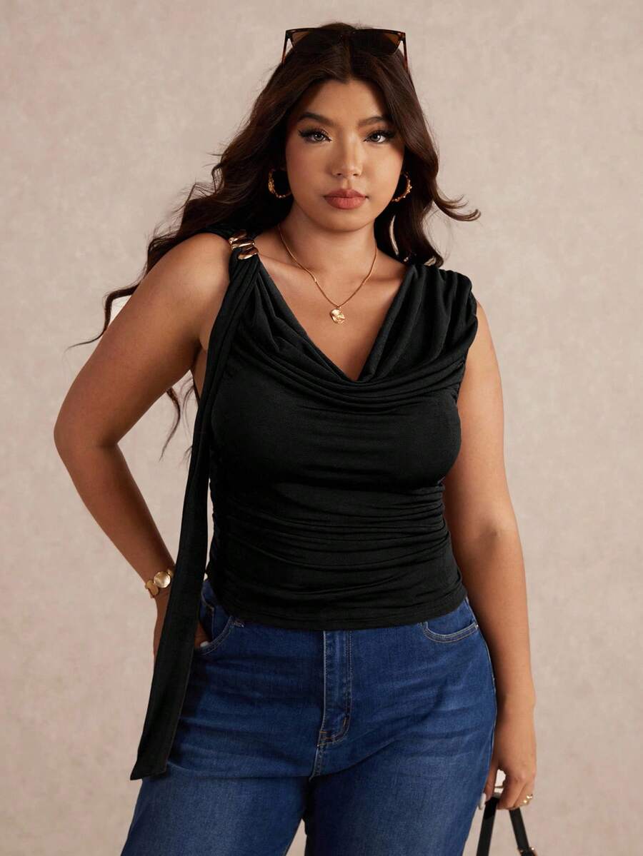 Elaquor Plus Size Women Solid Color Metal Decor Pleated Casual Versatile Daily Wear Top - Black - View 1