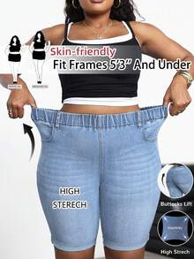 SHEIN PETITE CURVE سروال قصير جينز أزرق مرن مقاس كبير للسيدات - أزرق فاتح - مشاهدة 1