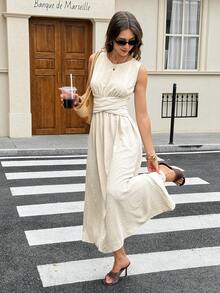 SHEIN Frenchy 女士纹理褶皱休闲连衣裙，简约百搭日常穿着 - 杏色 - 查看 3