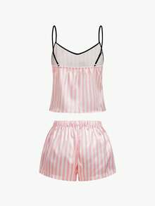 Bisouelle Striped Print Satin Cami Pajama Set Holiday Seasonfor Summer - Baby Pink - View 2