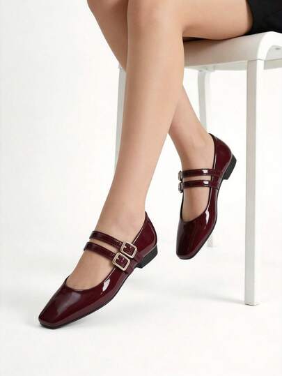 zapatos de mujer de moda estilo mary jane de punta cuadrada ,clásicos elegantes ,moda primavera verano ,en color vino brillante bailarinas de piso con suela antideslizante. doble correa ajustable con bajo empeine ,para oficina escuela uso casual  lo mas vendido