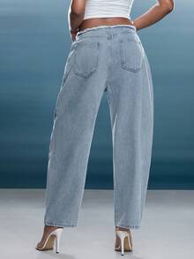 Denimoi 低腰毛边筒形牛仔裤，毛边腰部筒形裤腿牛仔裤，时尚牛仔布 - 淺色水洗藍 - 查看 3