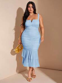 SHEIN BAE Plus Size Women's V-Neck Ruched Ruffle Hem Midi Bodycon Dress, Vacation Party Dress - Baby Blue - View 4