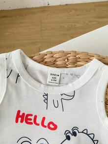 SHEIN Playful Pals 2pcs Baby Boys Summer Outfit,White Sleeveless Dinosaur Print Tank Top & Washed Blue Denim Shorts,Casual Beach Wear,Soft Fabric,Fashionable Set - White - View 6