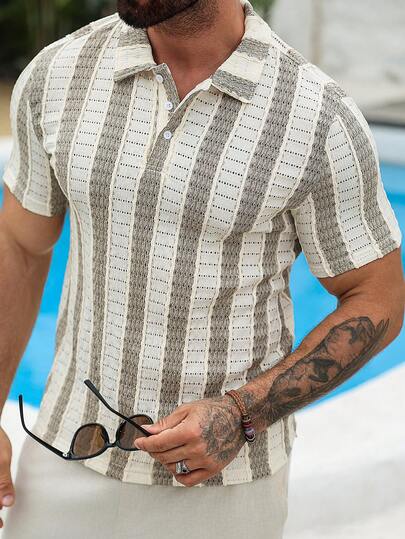VENTUSAIL Men's Casual Contrast Stripe Pattern Short Sleeve Polo Shirt, Suitable For Summer Holiday & Daily Commute