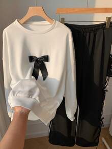 SHEIN EZwear 2 件女式套装：圆领长袖上衣配蝴蝶结装饰和长裤，休闲 - 彩色 - 查看 5
