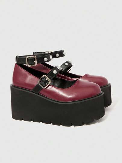 Sugerpunk 女士时尚厚底鞋，复古圆头搭扣双带花朵铆钉装饰，休闲度假夜店派对通勤办公两相宜