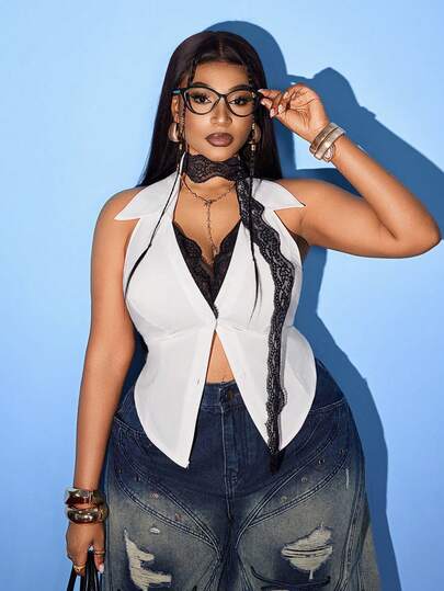 Maweii Blusa versátil con diseño de cuello de encaje con contraste blanco y negro, cuello con corbata y cintura ceñida