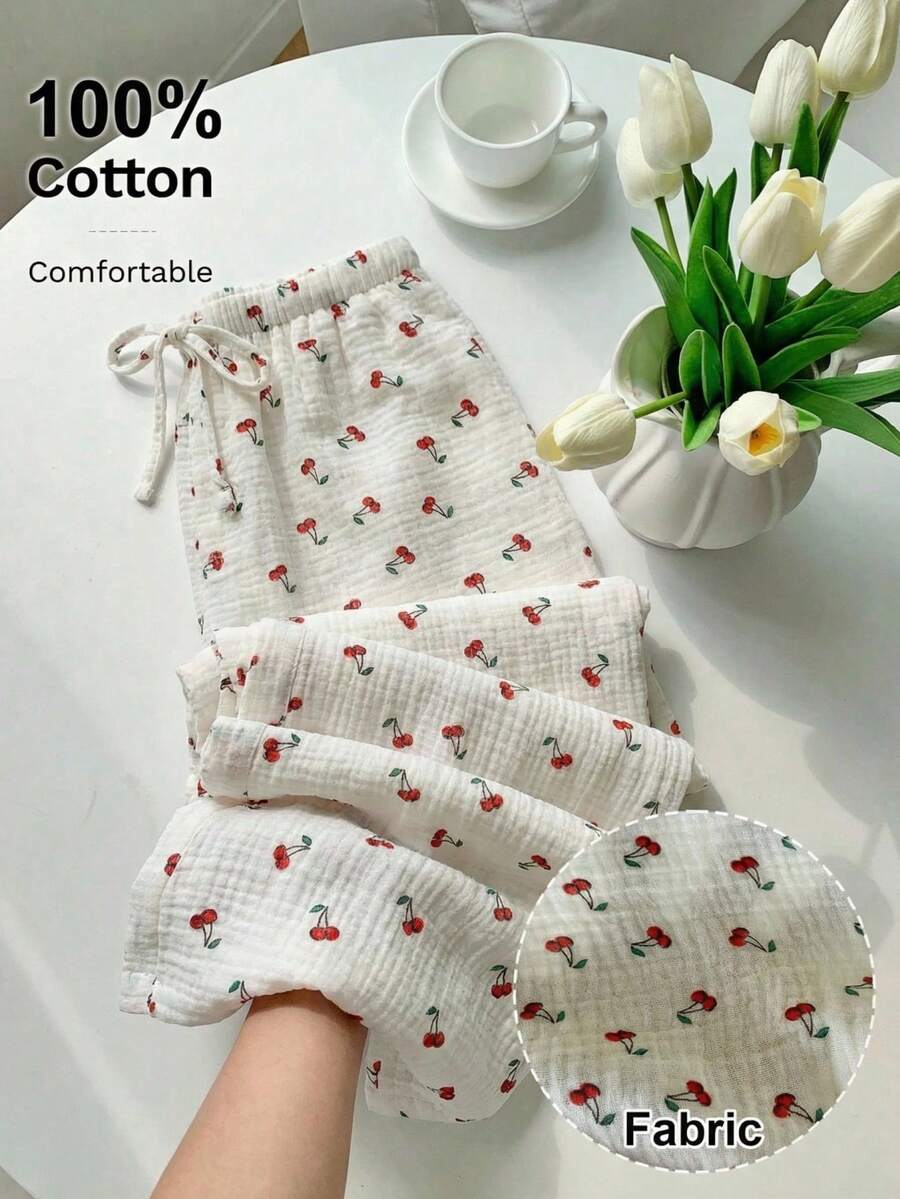 SHEIN EZwear Quần ống rộng thắt eo in họa tiết, chất liệu dệt màu trắng dành cho nữ. - trắng - Xem 1