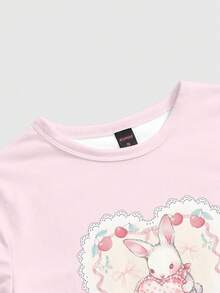 ROMWE Kawaii Rabbit Pink Bow Tie Cute School Pattern Print Plus Size Women T-Shirt - Pink - View 4
