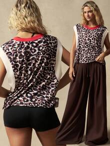 VARSITIE Leopard Print Patchwork Wide Shoulder Sports Tank Top - Multicolor - View 10